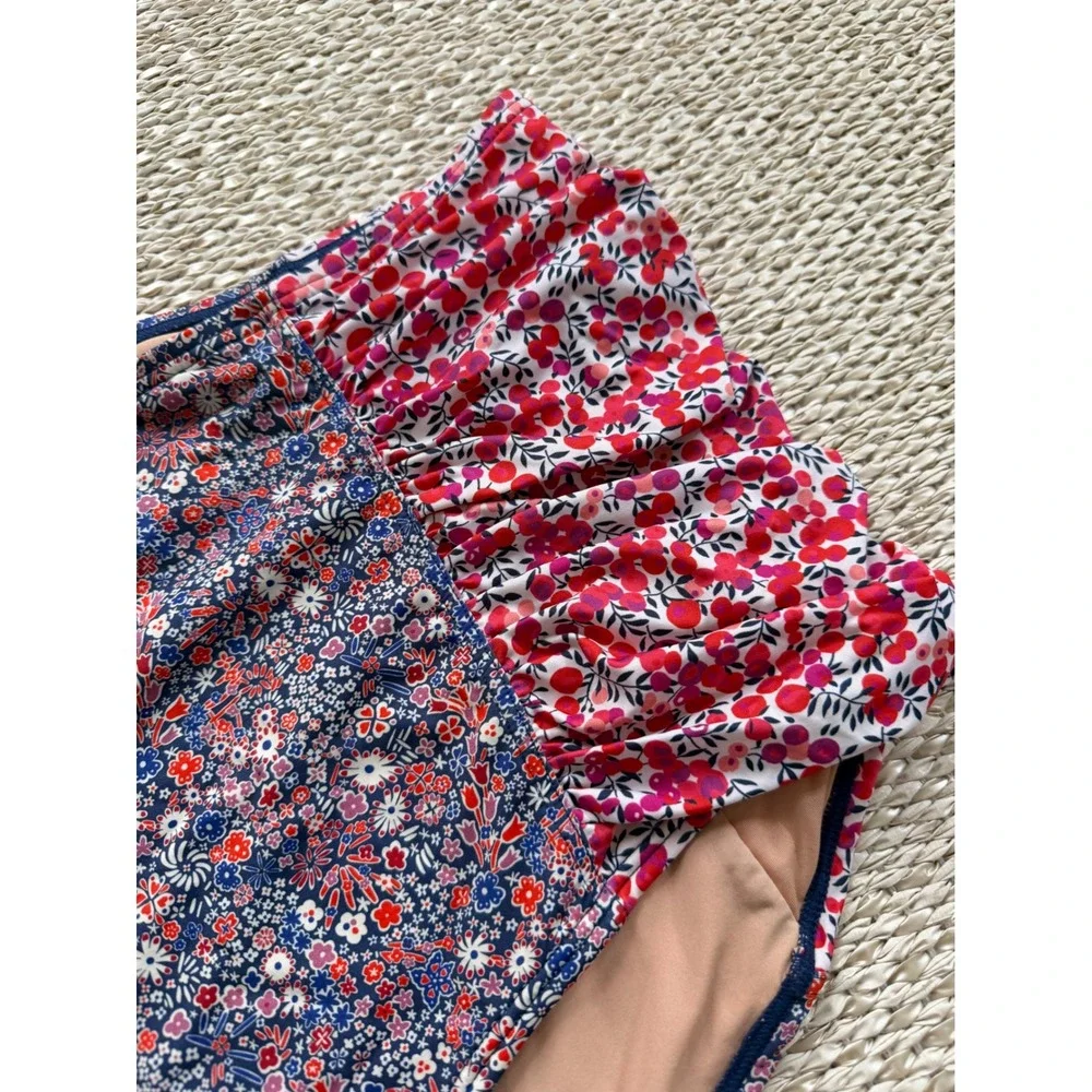 J.Crew Mixed Floral Ruched High Waisted Bikini Bottom XL Red Blue Swimwear boho‎